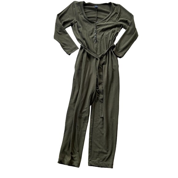 Gap Olive Green Knit Belted Jumpsuit w/ Pockets - Picture 2 of 6